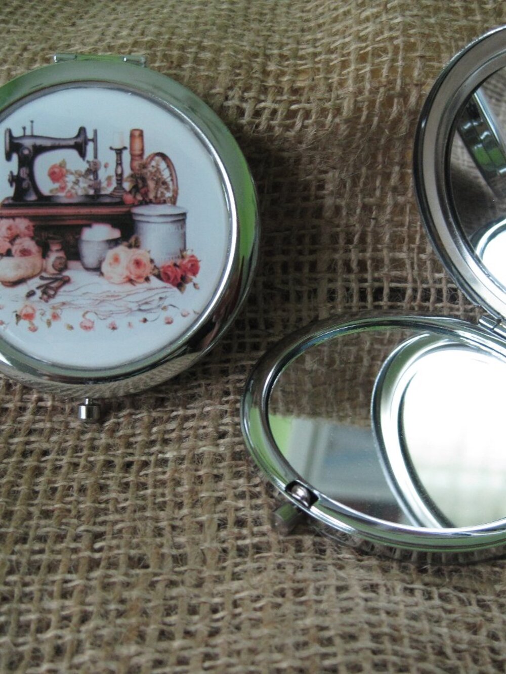 Vintage Sewing Machine Themed Compact/Pocket Mirror